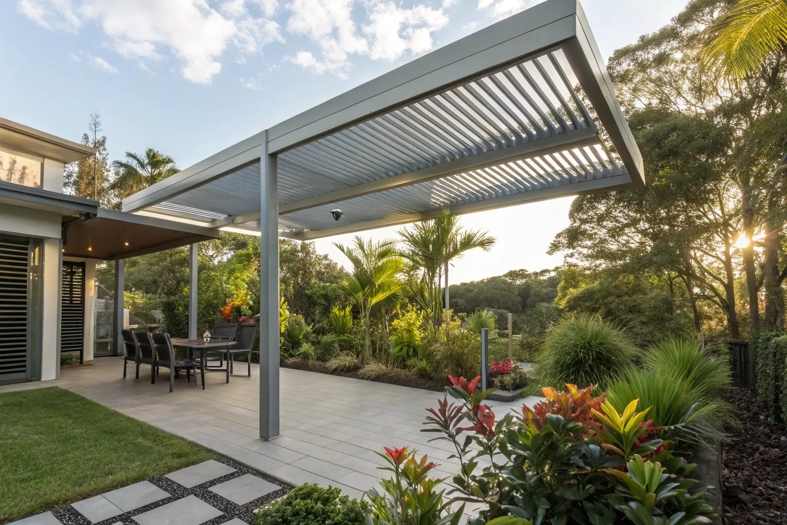 Photorealistic image of a modern aluminum pergola