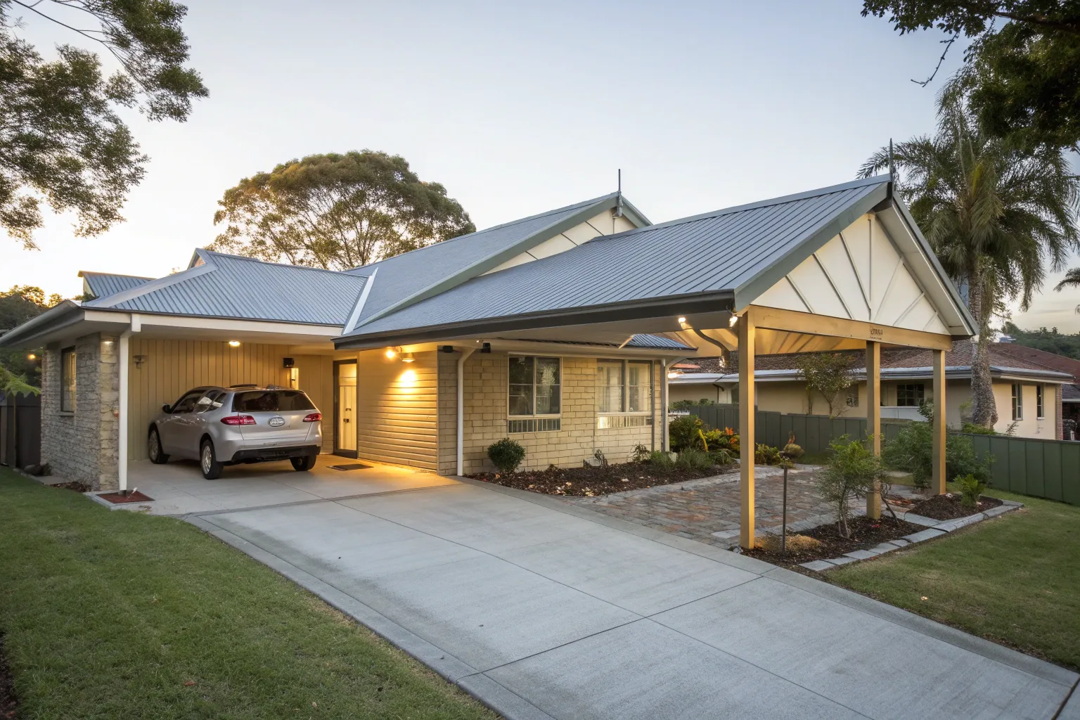 Pitched gable roof single carport matching home ro