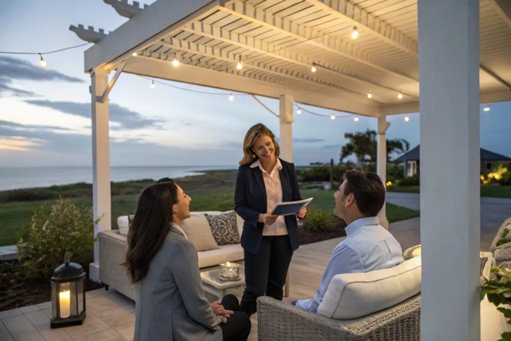 Real estate agent highlighting premium pergola as key selling feature for Broadbeach property