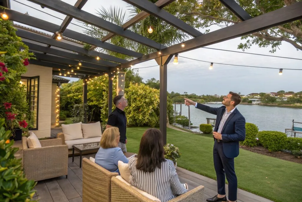 Real estate agent showcasing outdoor pergola entertaining space to potential buyers at Burleigh Waters property