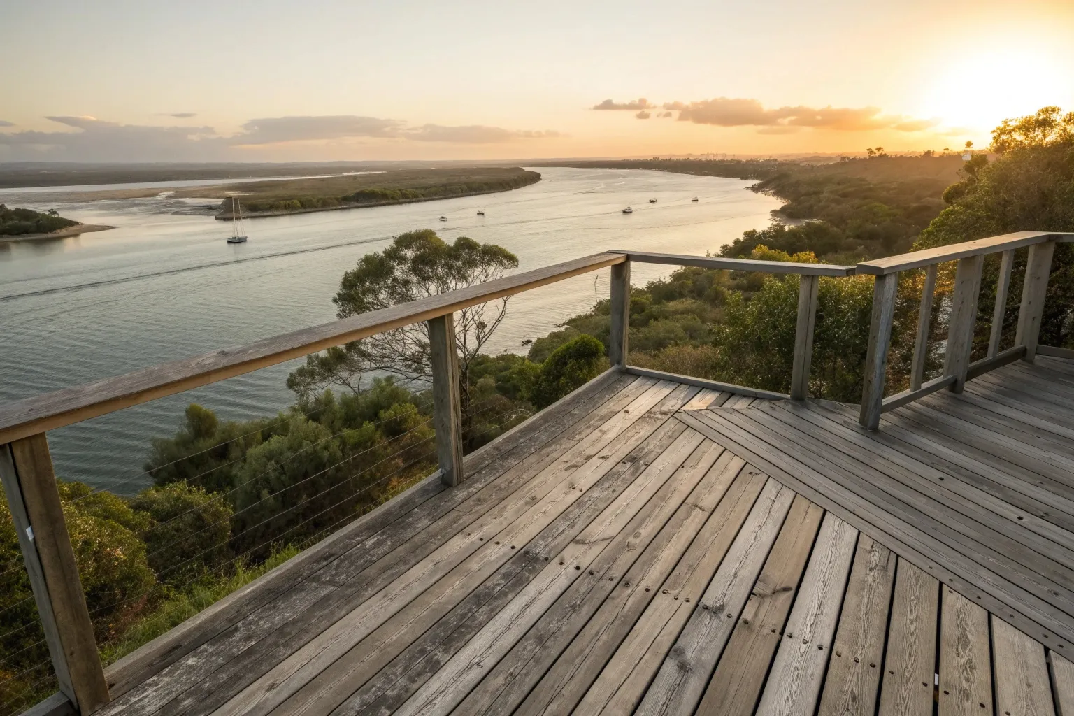 Weathered timber deck on Gold Coast waterfront showing coastal weather damage