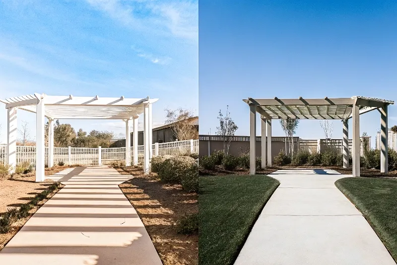 Before and after comparison of pergola landscape design integration showing transformative effect of proper transitions and connections