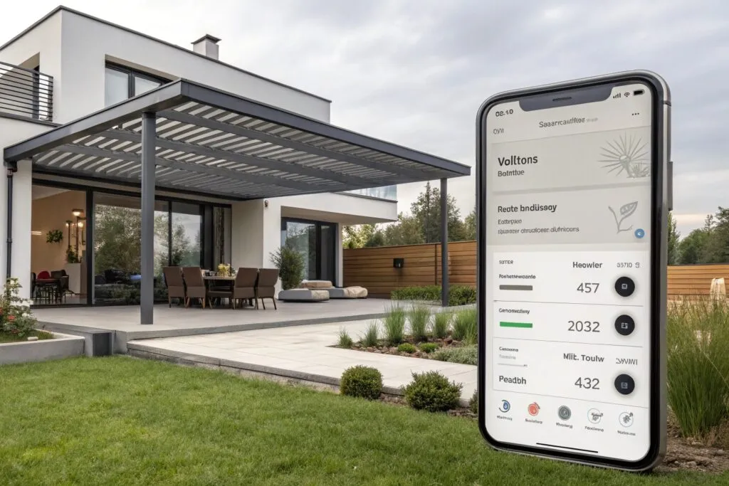 Smart home app interface displaying pergola automation controls and weather sensor data