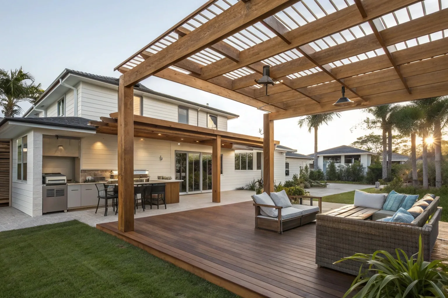 Outdoor entertaining area under custom timber pergola in Gold Coast backyard