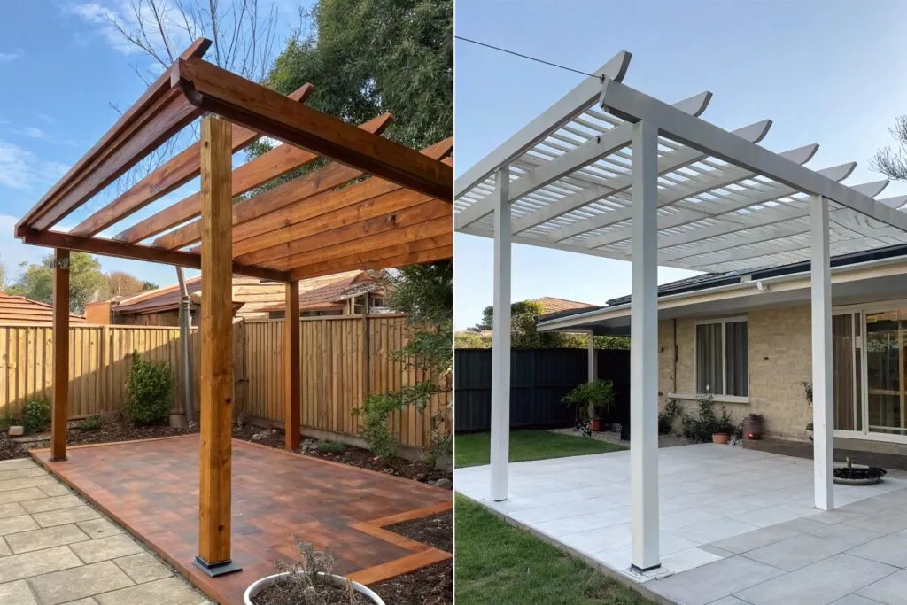 Side-by-side comparison of spotted gum timber pergola showing natural aesthetic appeal alongside modern aluminum pergola highlighting the different maintenance requirements and aging characteristics of popular pergola materials in Robina