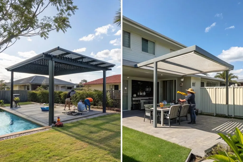 Seasonal pergola maintenance comparison showing summer use and winter cleaning in Burleigh Waters backyard