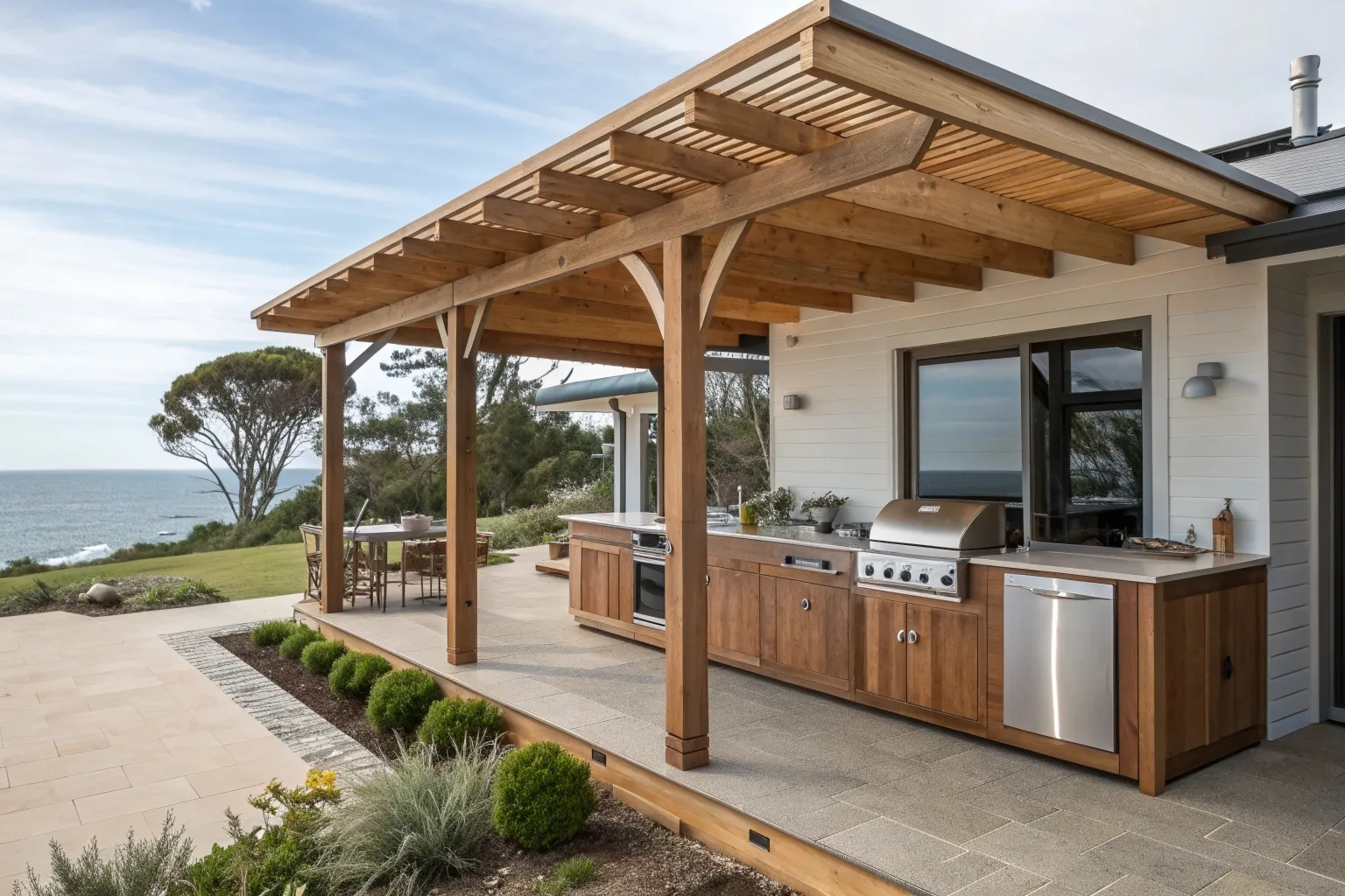 Timber outdoor kitchen pergola with weather protection Gold Coast coastal home