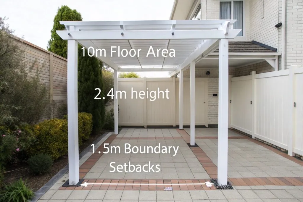 Diagram showing exempt pergola dimensions in Broadbeach: under 10m² and 2.4m height
