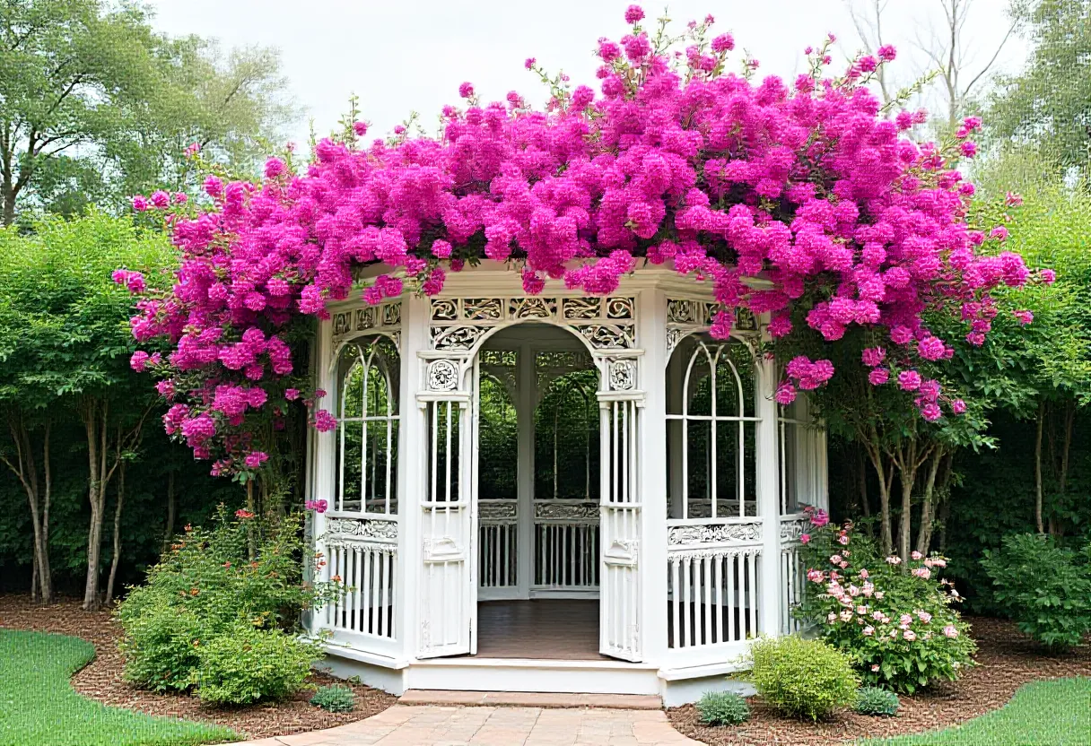 white painted Victorian style garden gazebo with ornate lattice work