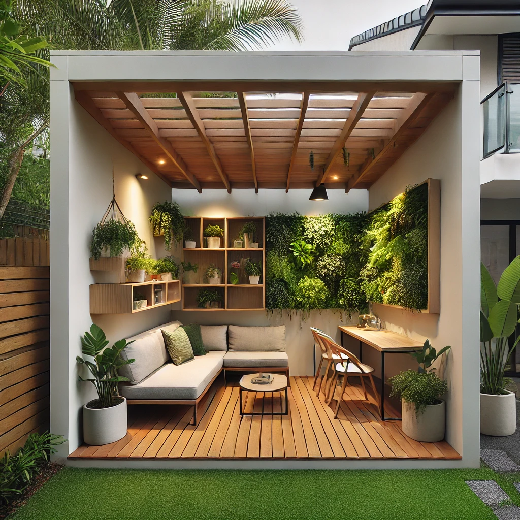 A modern small backyard in a Gold Coast home featuring an attached pergola with cosy seating, built-in storage, and vertical gardens, maximising space efficiently while offering shade and weather protection.