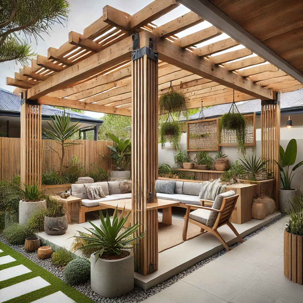 A modern eco-friendly pergola in a Gold Coast backyard, constructed from reclaimed timber beams, a ModWood composite roof, and bamboo accents, with aluminum fittings and heat-treated pine elements for durability, surrounded by native plants.