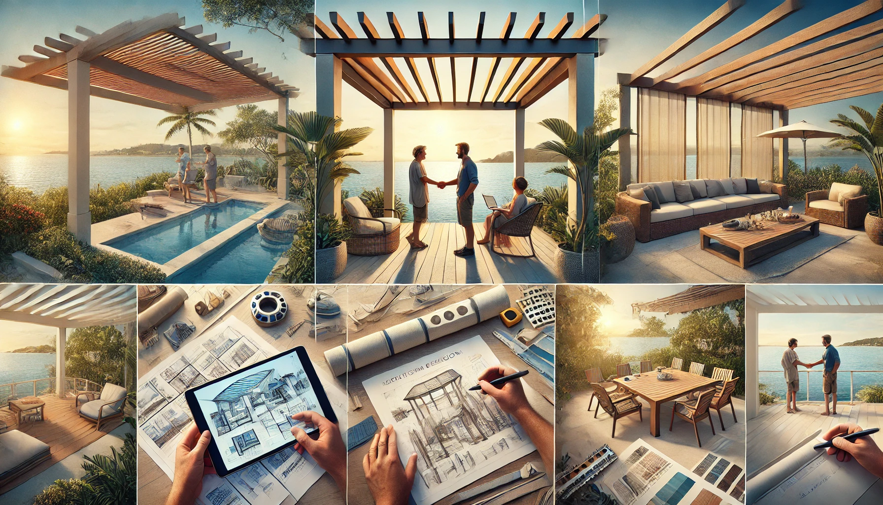 Builder consulting with a homeowner over pergola design plans