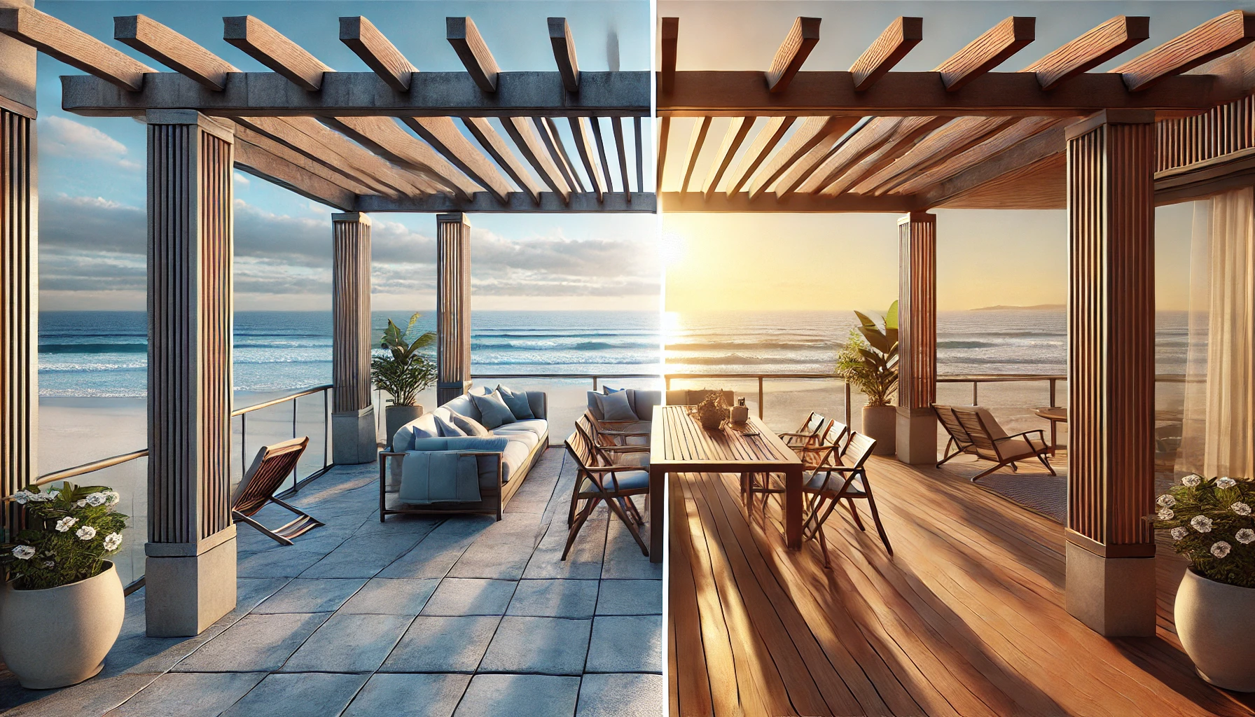 Side-by-side comparison of a corroded pergola and a pristine marine-grade pergola on a Surfers Paradise beachfront