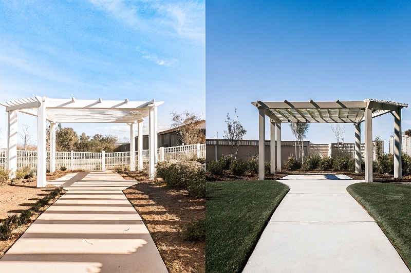 Before and after comparison of pergola landscape design integration showing transformative effect of proper transitions and connections