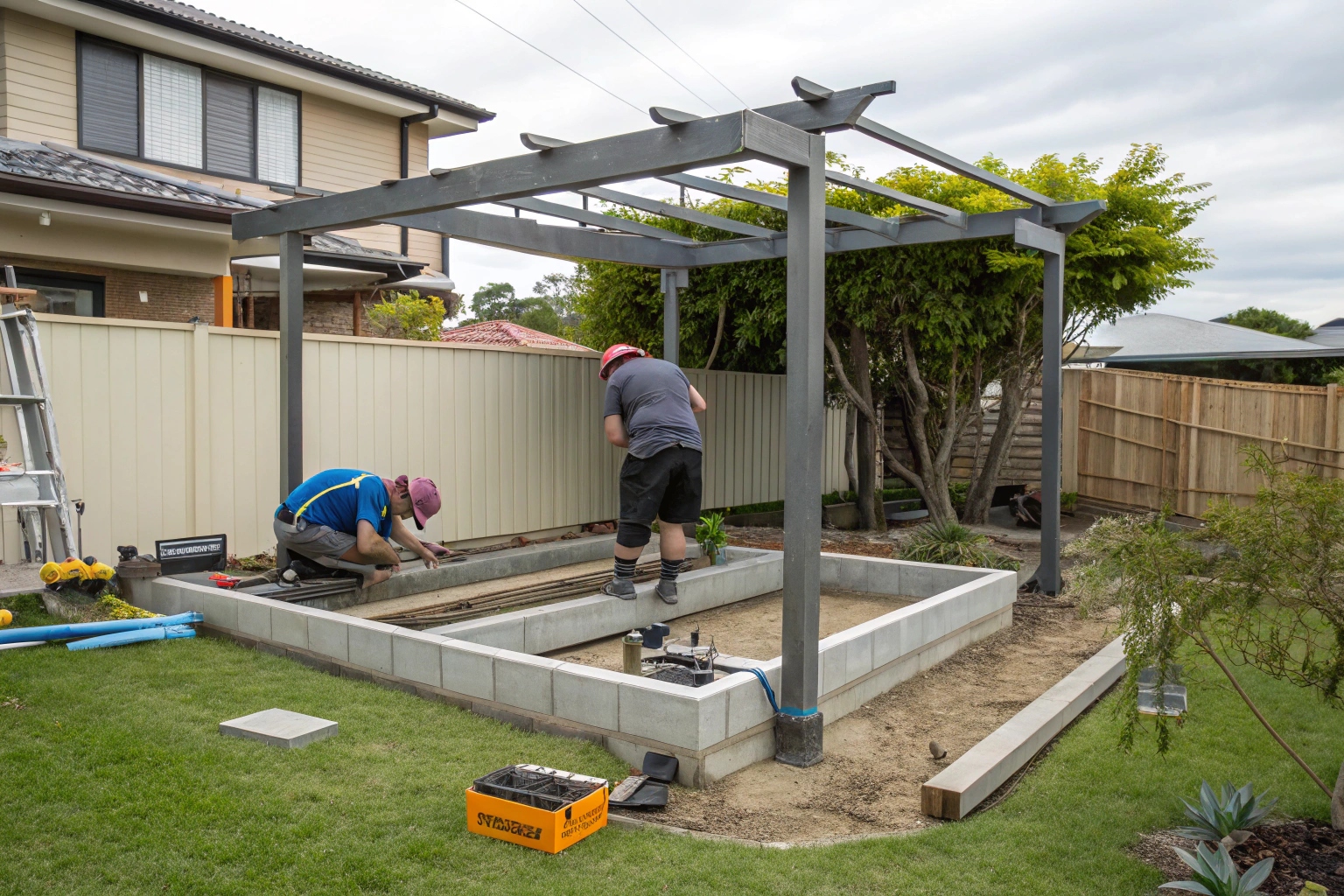 Construction workers installing pergola roof beams during a Gold Coast build