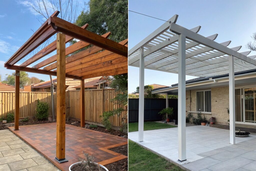 Side-by-side comparison of spotted gum timber pergola showing natural aesthetic appeal alongside modern aluminum pergola highlighting the different maintenance requirements and aging characteristics of popular pergola materials in Robina