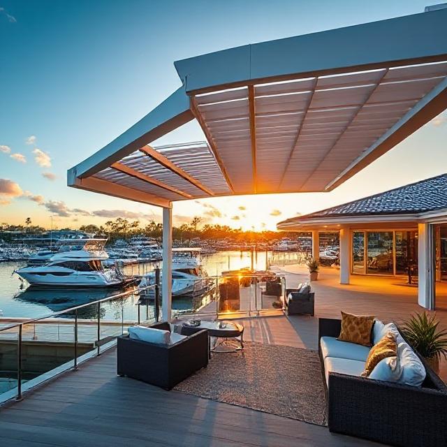 Luxury Waterfront Pergola with Motorized Louvre Roof on Hope Island Marina Deck