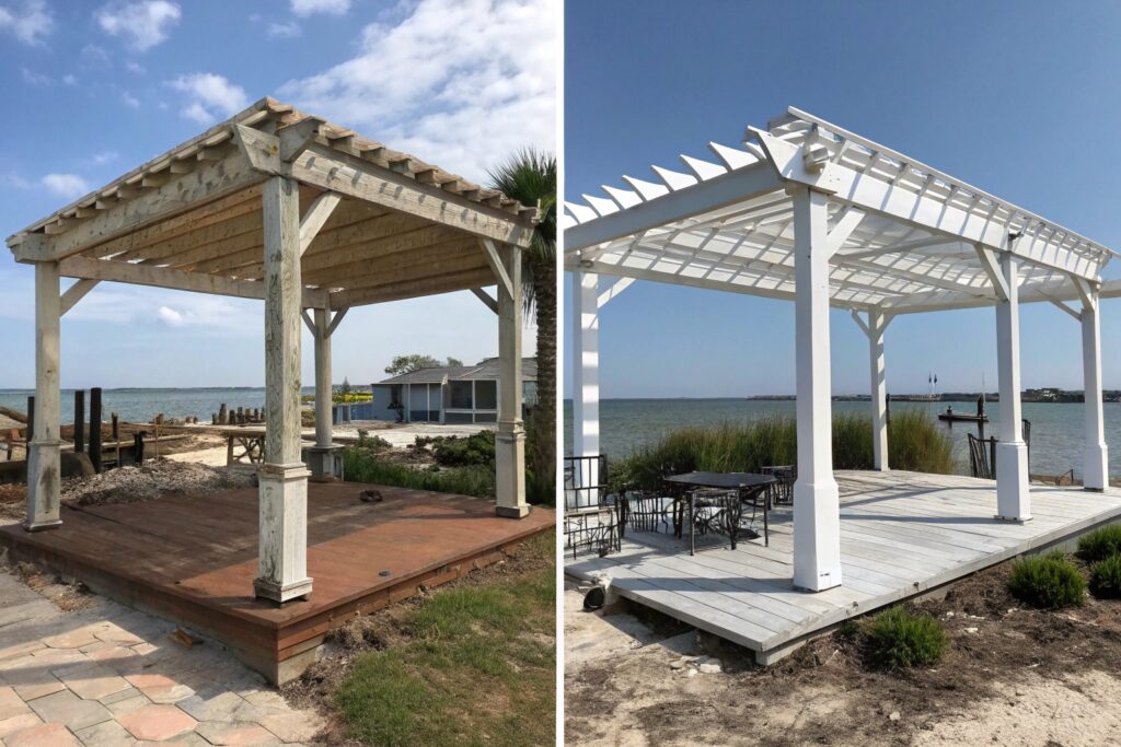 Before-and-after comparison of standard versus premium pergola materials in Burleigh Waters coastal conditions over time