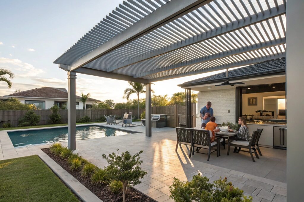 Modern composite pergola material providing shade for a Burleigh Waters family outdoor living area, demonstrating low-maintenance durability and aesthetic appeal in coastal settings