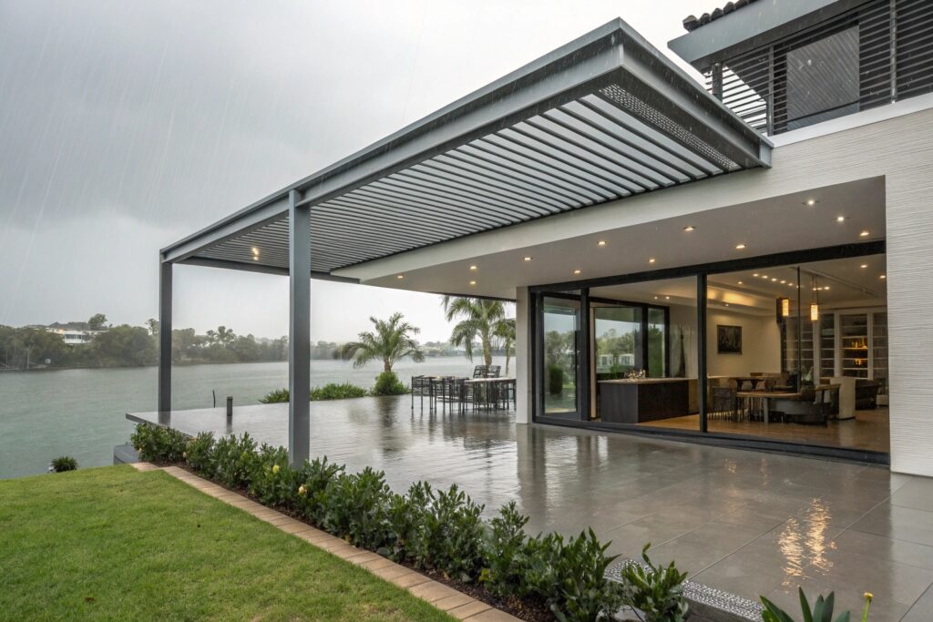 Automated louvered pergola roof closing during Gold Coast rainstorm, keeping outdoor furniture dry while offering ocean views