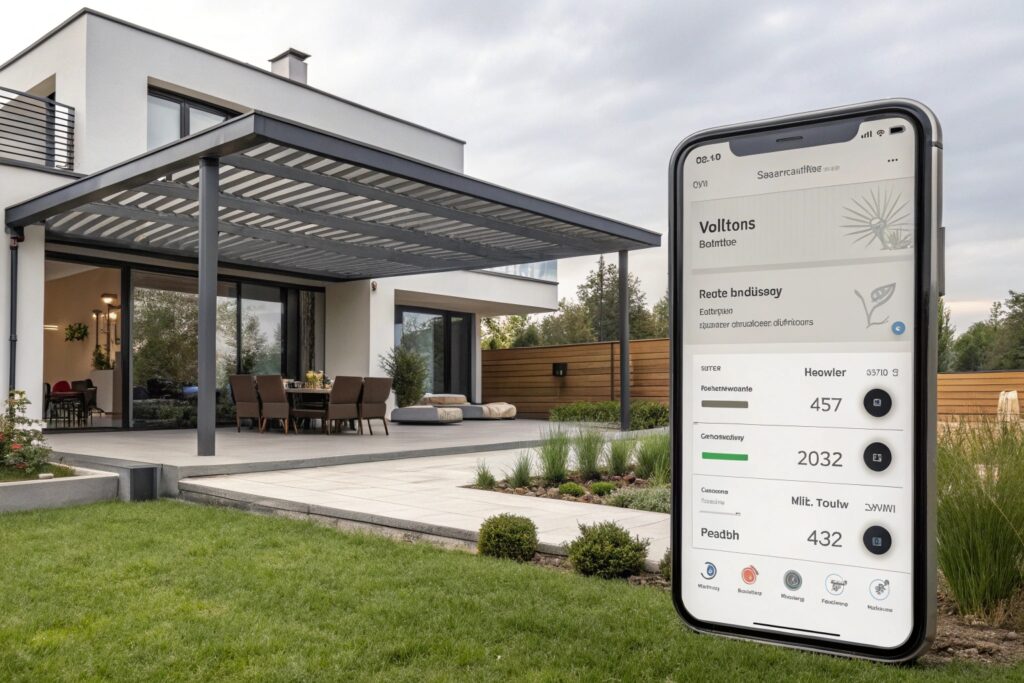 Smart home app interface displaying pergola automation controls and weather sensor data