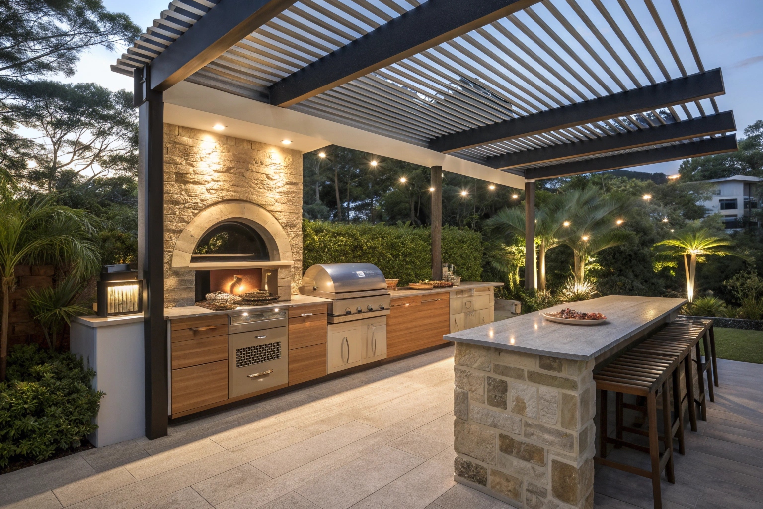 Covered outdoor kitchen with pizza oven and BBQ under louvred pergola Gold Coast