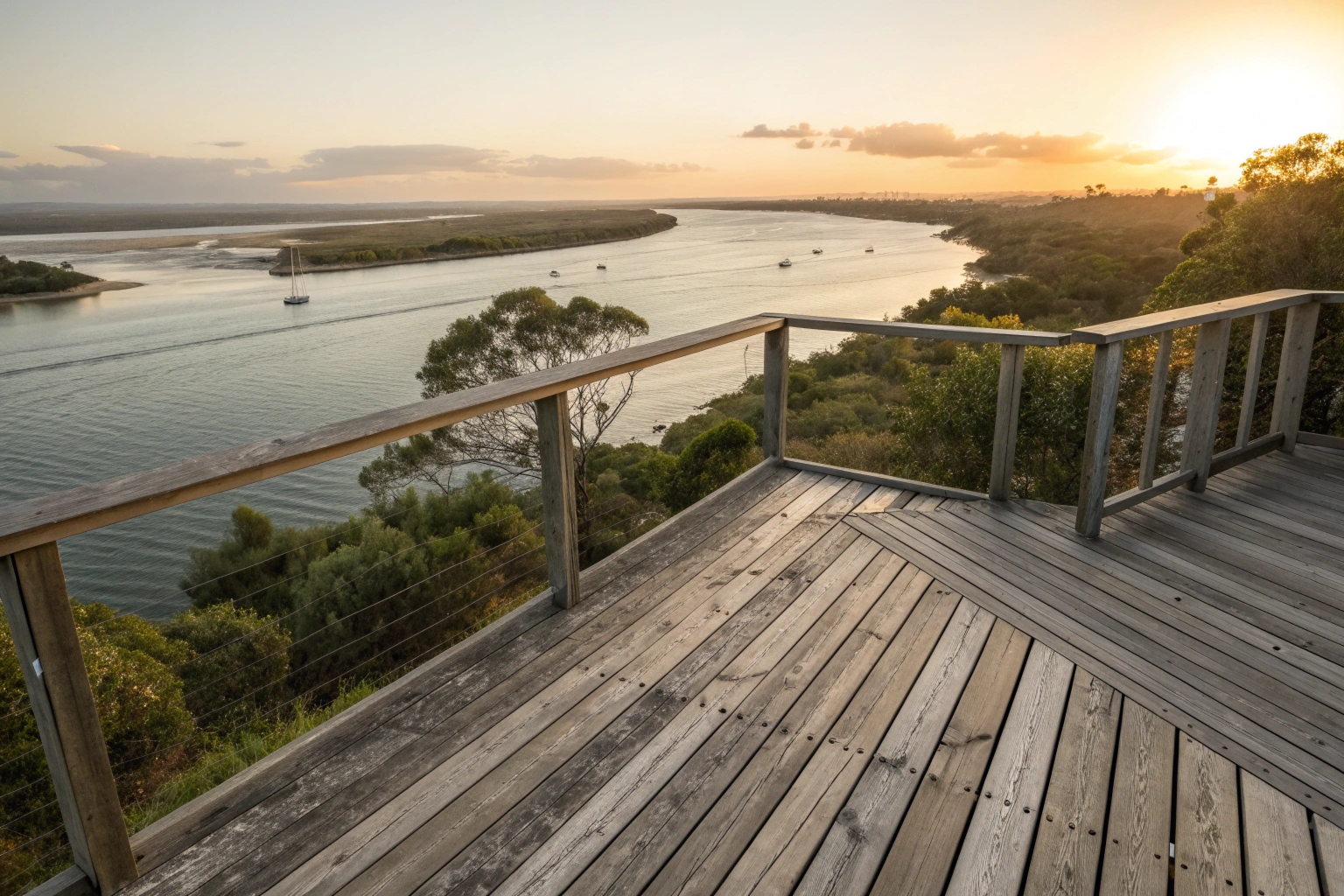 Weathered timber deck on Gold Coast waterfront showing coastal weather damage